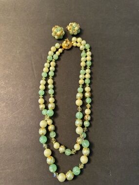 Gold-Accented Pale Green Beaded Double Strand vintage Necklace w/Matching Clips